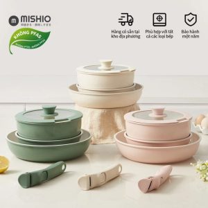 Bộ 3 Nồi Chảo Đá Gốm Chống Dính Mishio 5 Món – Tay Cầm Tháo Rời, Không Chứa PFAS/PTFE/PFOA, Dùng Mọi Loại Bếp MK