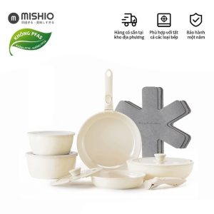 Bộ Nồi Chảo Đá Gốm Chống Dính Mishio 15 Món (5 Nồi Chảo) – Tay Cầm Tháo Rời Thông Minh, Không Chứa PFAS/PTFE, Tương Thích Mọi Loại Bếp MK