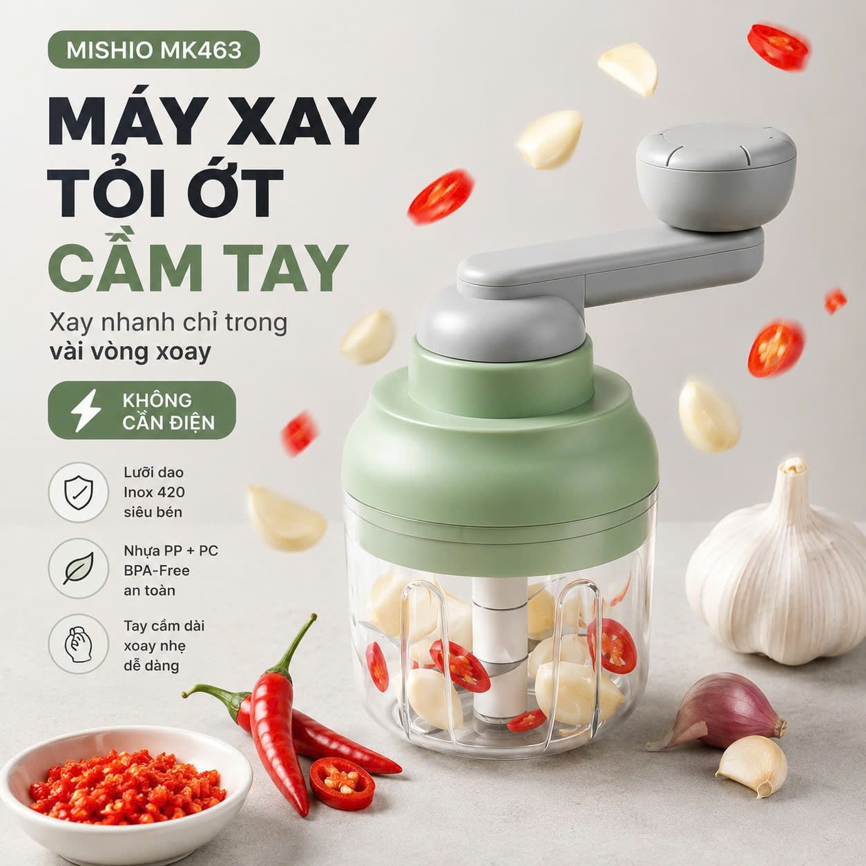 Máy Xay Tỏi Ớt Cầm Tay Mishio MK463 - Xoay tay siêu bền, dễ tháo lắp vệ sinh 1 Máy Xay Tỏi Ớt Cầm Tay Mishio MK463 - Xoay tay siêu bền, dễ tháo lắp vệ sinh