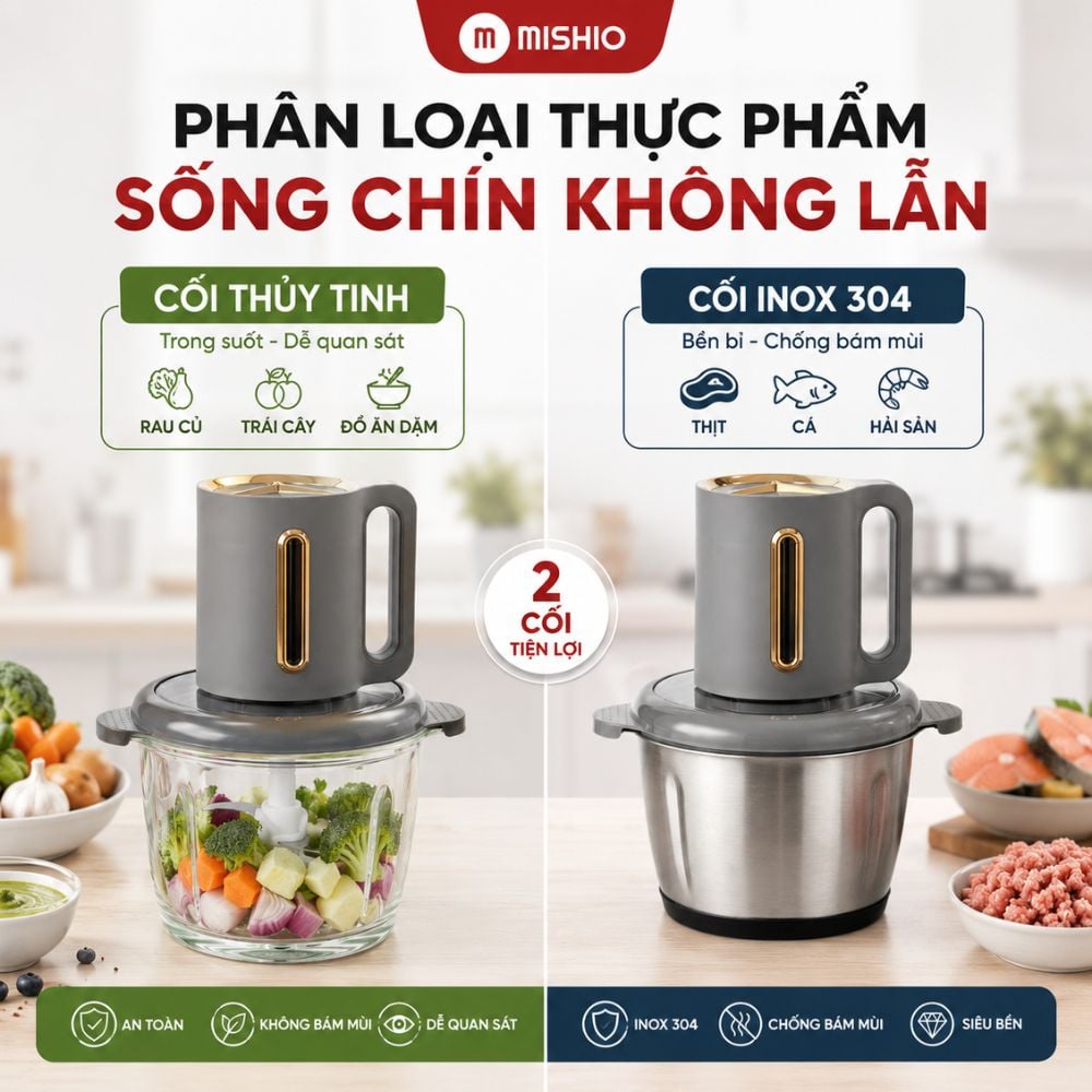 Máy Xay Thực Phẩm Đa Năng Mishio MK444 (2.0L) - Cối Thủy Tinh tặng cối Inox 304 Phân Loại Thực Phẩm Sống Chín 1 Máy Xay Thực Phẩm Đa Năng Mishio MK444 (2.0L) - Cối Thủy Tinh tặng cối Inox 304 Phân Loại Thực Phẩm Sống Chín